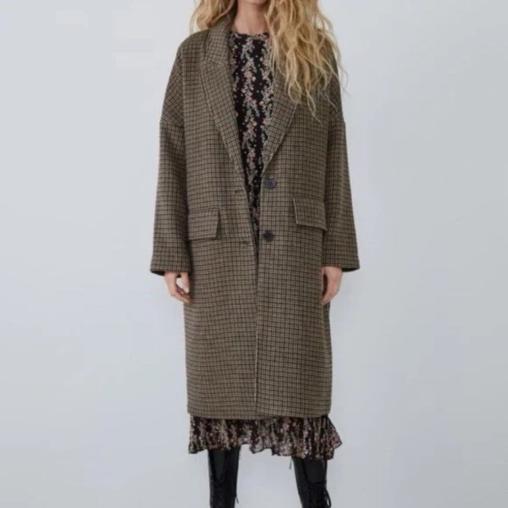 ZARA Oversize Coat XL Brown Black Check Plaid Long Chester Drop Shoulder Jacket